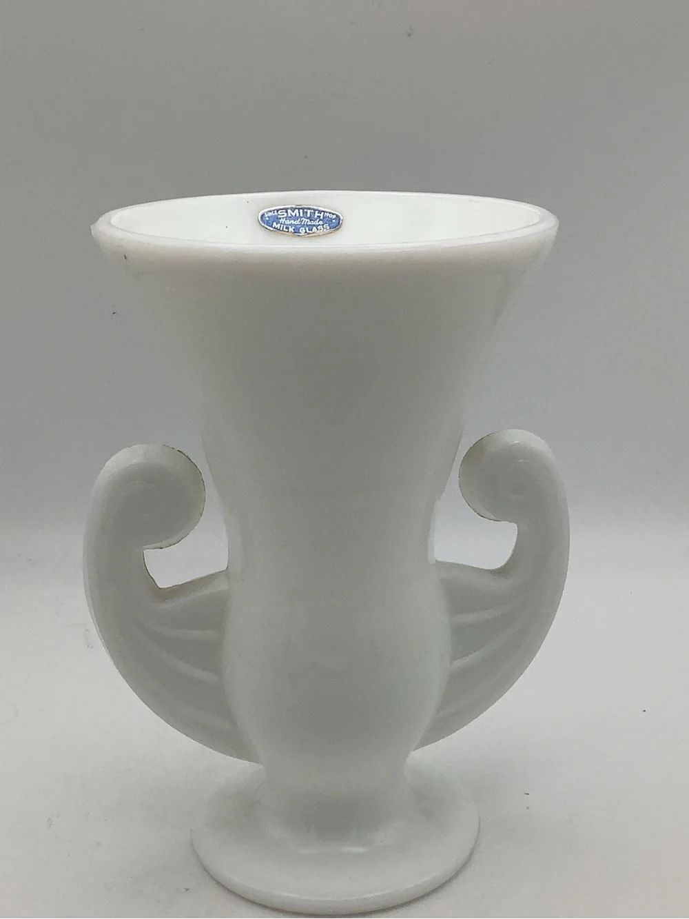 Smith Hand Made White Milk Glass Vase with Scrolled Handles